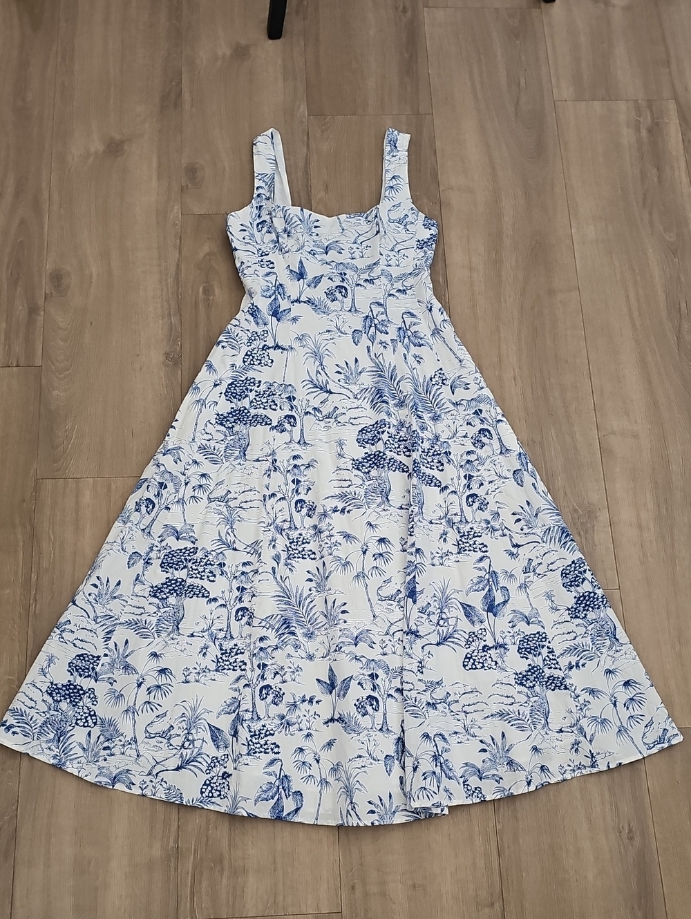 Nicole Miller Cotton Midi Blue & White Tropical Print Sundress Size Small